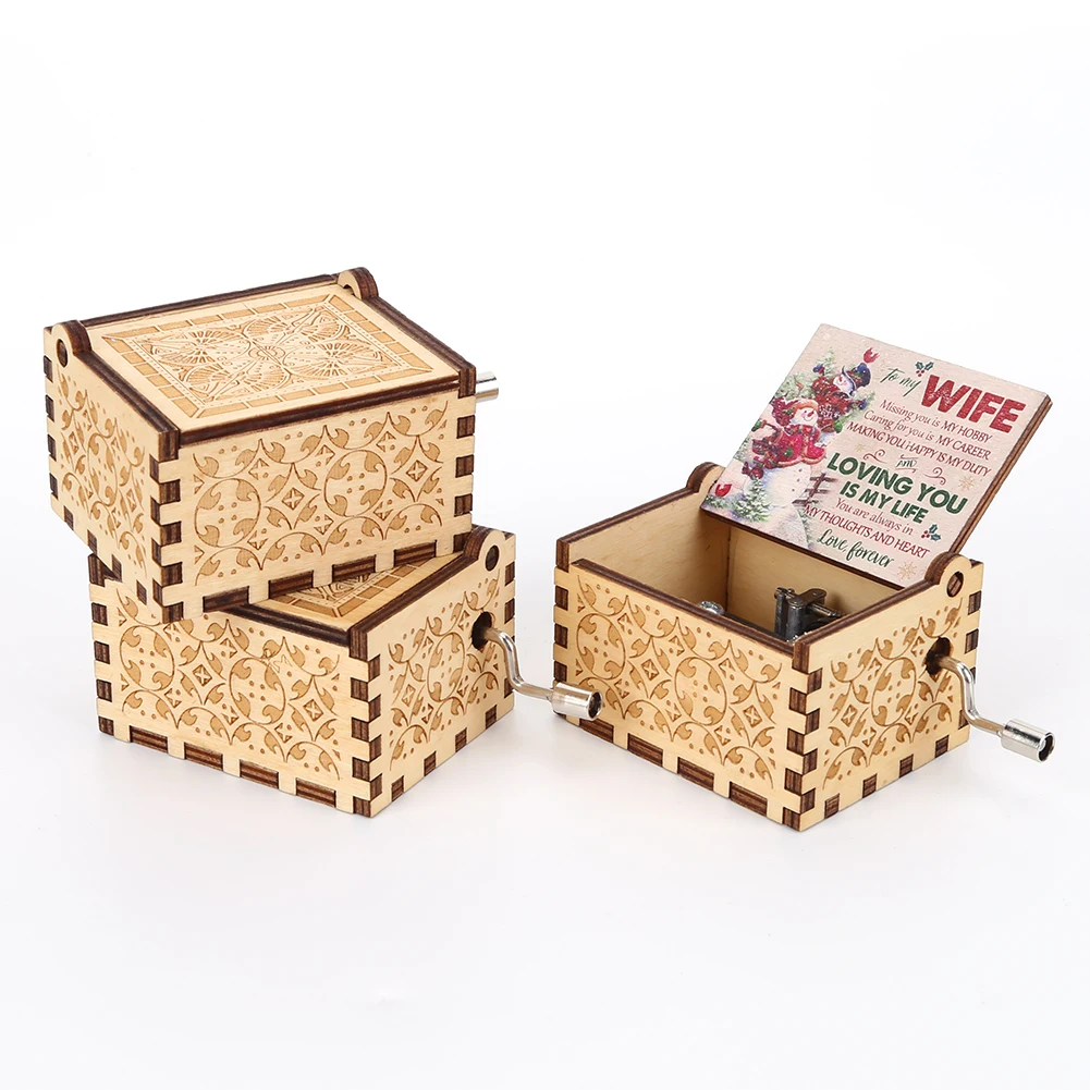 Christmas Music Box Hand Crank Engraved Musical Box Wooden Anime Theme Merry Christmas Decorations Birthday Gifts for Boy Girls