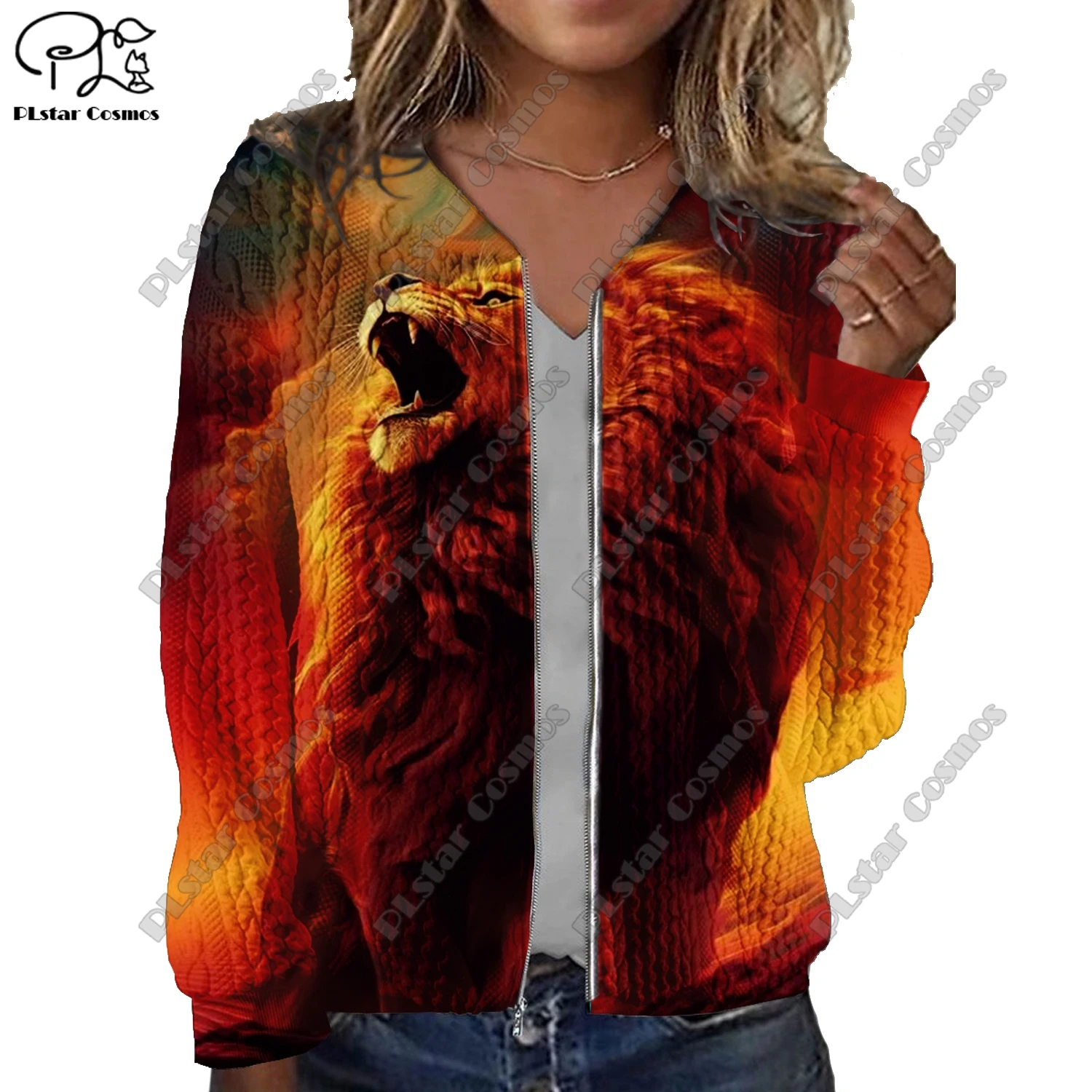 New 3D printed animal series  lion pattern printed women's jacket threaded texture casual authentic short jacket