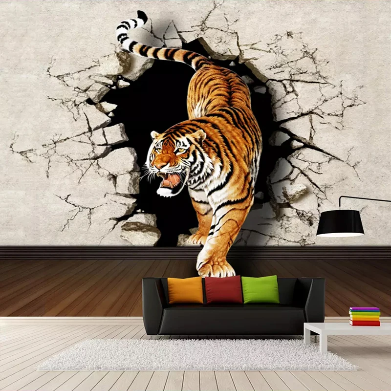 Papel de parede foto personalizada 3d estereoscópico tigre grande parede  pintura de parede sala de estar sala de fundo mural imagem - AliExpress