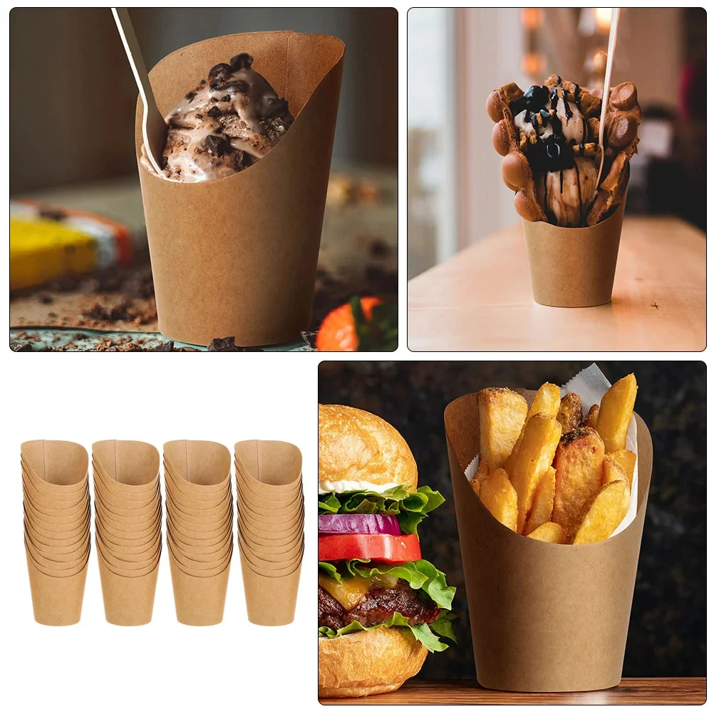 Disposable French Fry Cups Kraft Paper French Fry Rack Restaurant Stall Party Snack Container Waffle Ice Cream Snacks 50PCS
