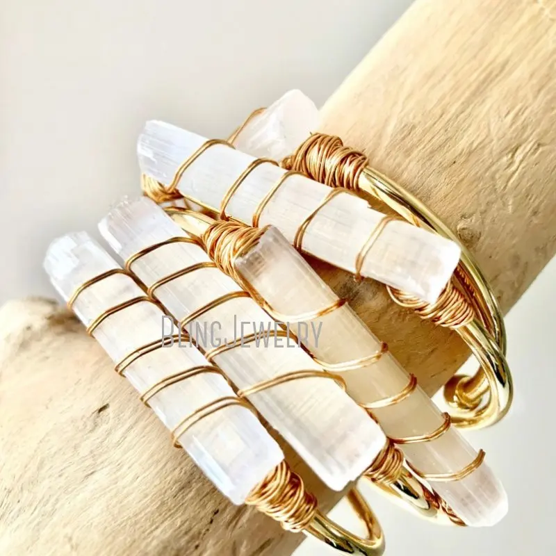 

Natural Stone Raw Selenite Bar Cuff Bracelet Women Gold Color Adjustable Bangle White Crystal Jewelry Bridesmaid Gift