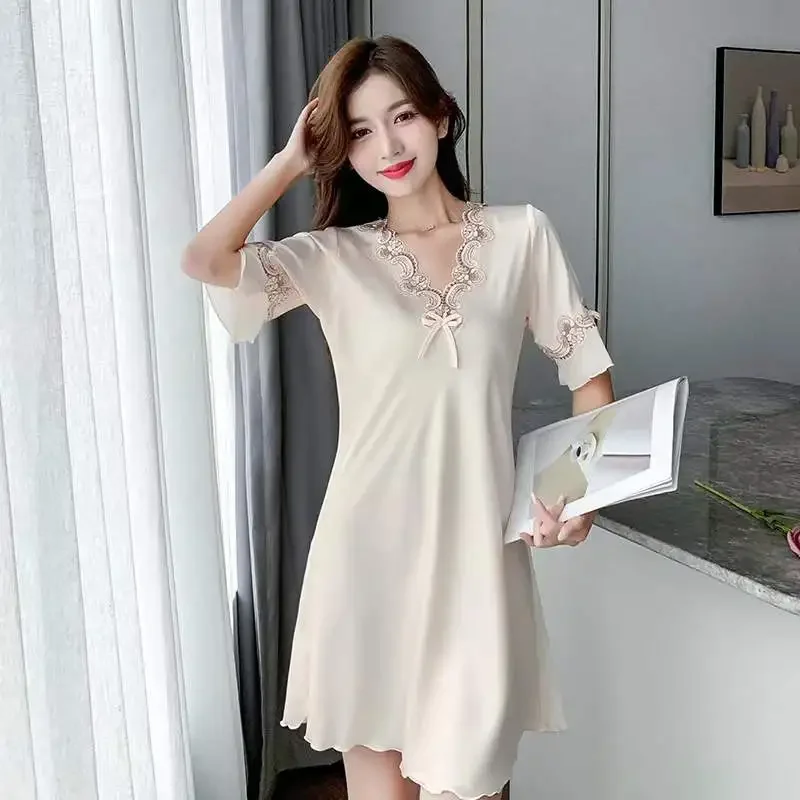 Ladies Sexy Pajamas Silk Embroidered Bow Nightdress Spring Summer Ice Silk Thin Solid Color Comfortable Homewear Sexy Sleepwear