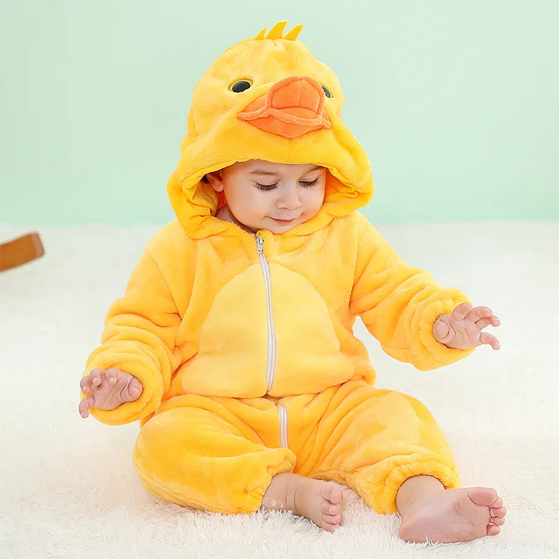 Baby Rompers Winter Costume Flannel Hooded Jumpsuits Kids Jumpers Overall Cosplay Tiger Lion Rabbit Duck Dragon Panda Roupa Bebe