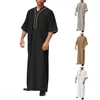 New Islamic Muslim Men's Solid Color Short Sleeve Classic Embroidery Robe Dubai Arabic Ethnic Style Men's Casual Formal Robe