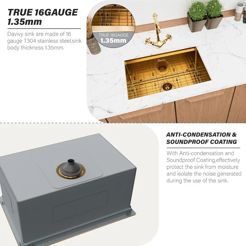 26 Inch Kitchen Sink, 26x18 Inch Single Bowl Undermount Sink with Single Track, 16 Gauge Gold Stainless Steel Workstation Sink 2