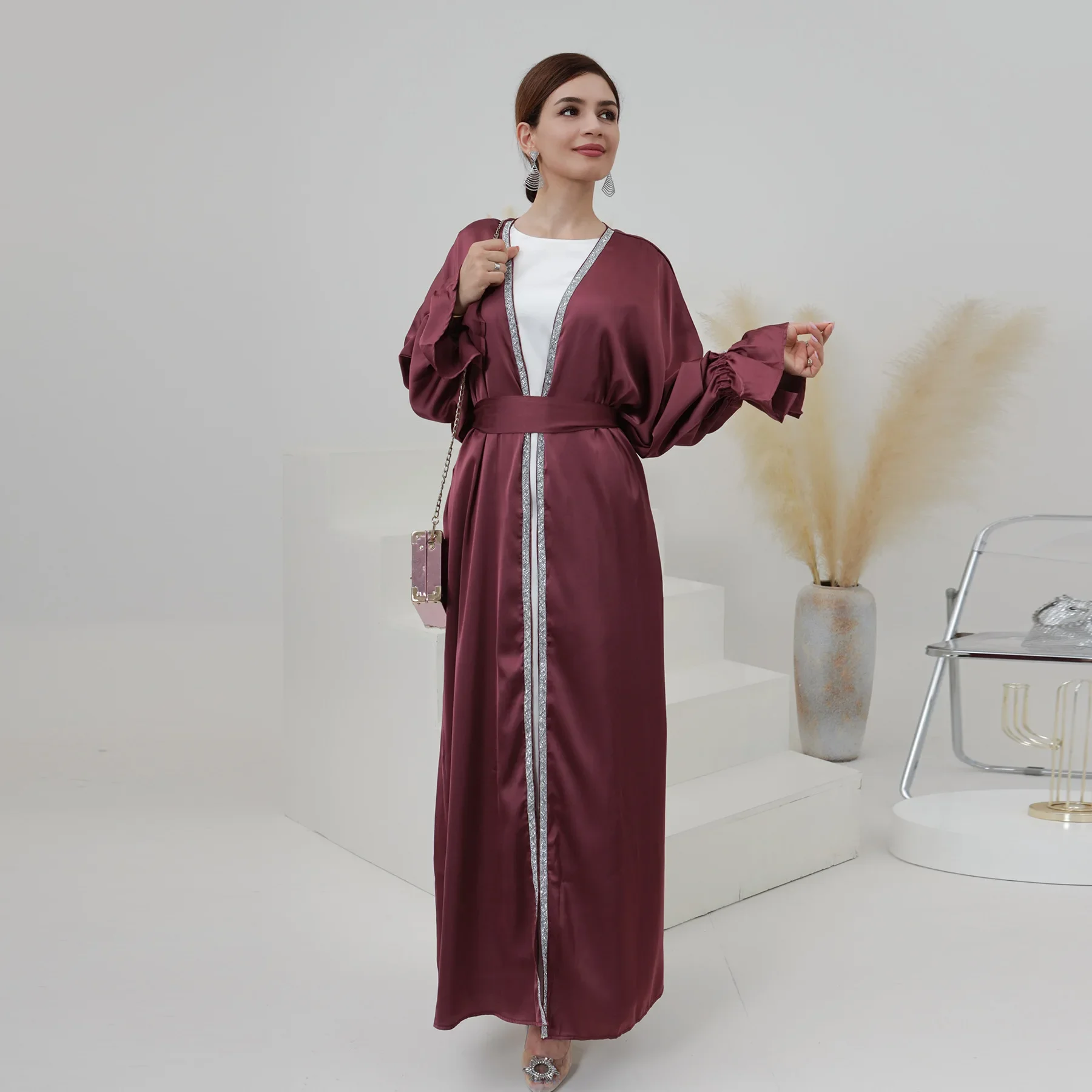 Kimono Abaya Turkey Satin Open Abayas for Women Dubai Plain Flare Sleeve Beads Muslim Dresses African Islamic Outfit Kaftan Robe