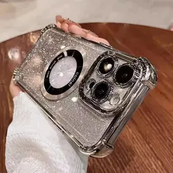 Luxury Magnetic Glitter Shockproof Case with Glass Lens Protection and Acrylic Back Cover - iPhone 13 Pro Max (Silver)