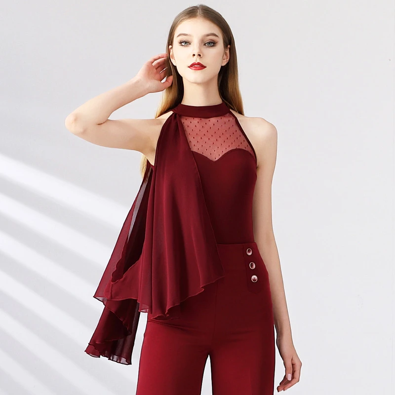 Women Burgundy Red Turtel Neck Sleeveless Ballroom Dance Shirt With