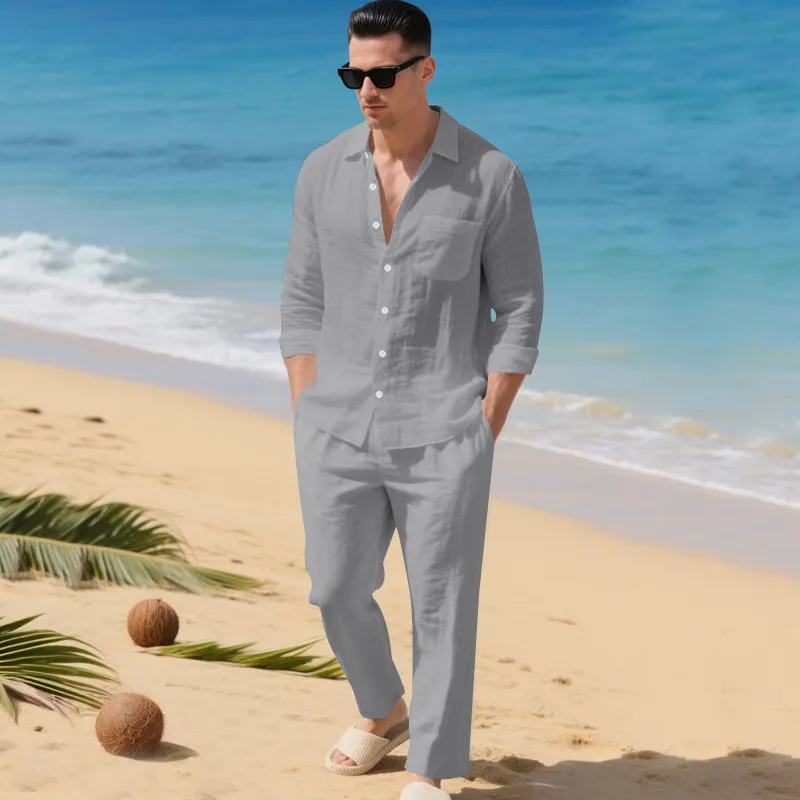 Men's Autumn Loose Trend Linen Solid Color Simple Lapel Long-Sleeved Shirt Beach Trousers Set