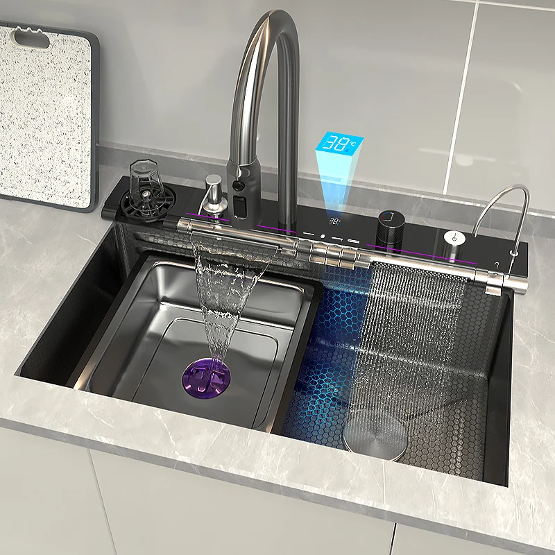 Stainless Steel Waterfall Kitchen Sink Embossed Digital Display Large Single Slot All-in-one Faucet Multi-functional Wash Bain