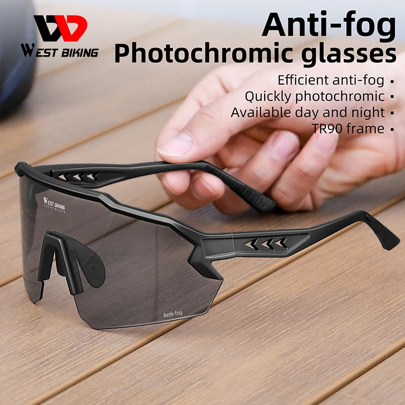 

WEST BIKING Anti-fog Cycling Glasses Photochromic UV400 Protection Equipment Ultralight TR-90 Large Frame Bicycle Sunglasses