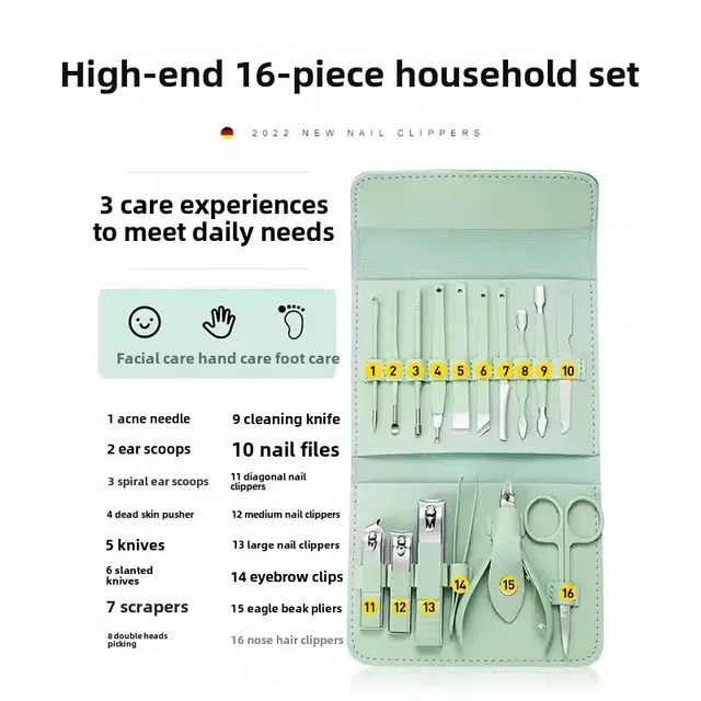 Kit per toelettatura unghie premium da 16 pezzi per la casa Set per pedicure con tagliaunghie in acciaio inossidabile e custodia da viaggio inclusa Set per manicure 4