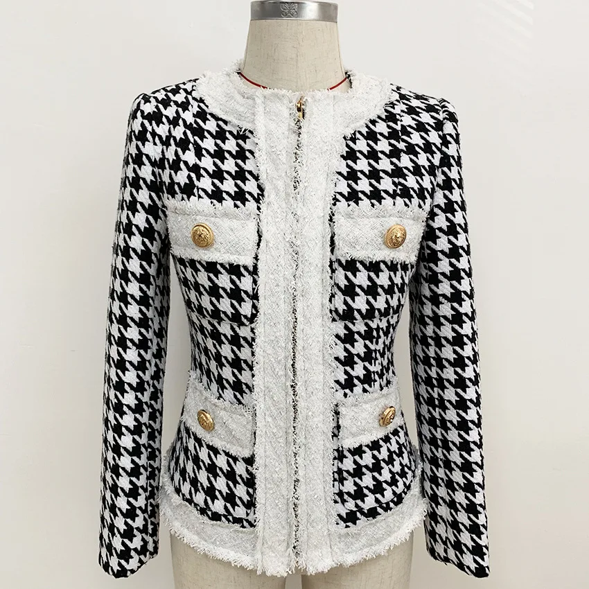 

2023 HIGH QUALITY Newest 2023 Autumn Winter Baroque Designer Women's Color Block Zip Houndstooth Fringed Tweed Jacket OverCoat