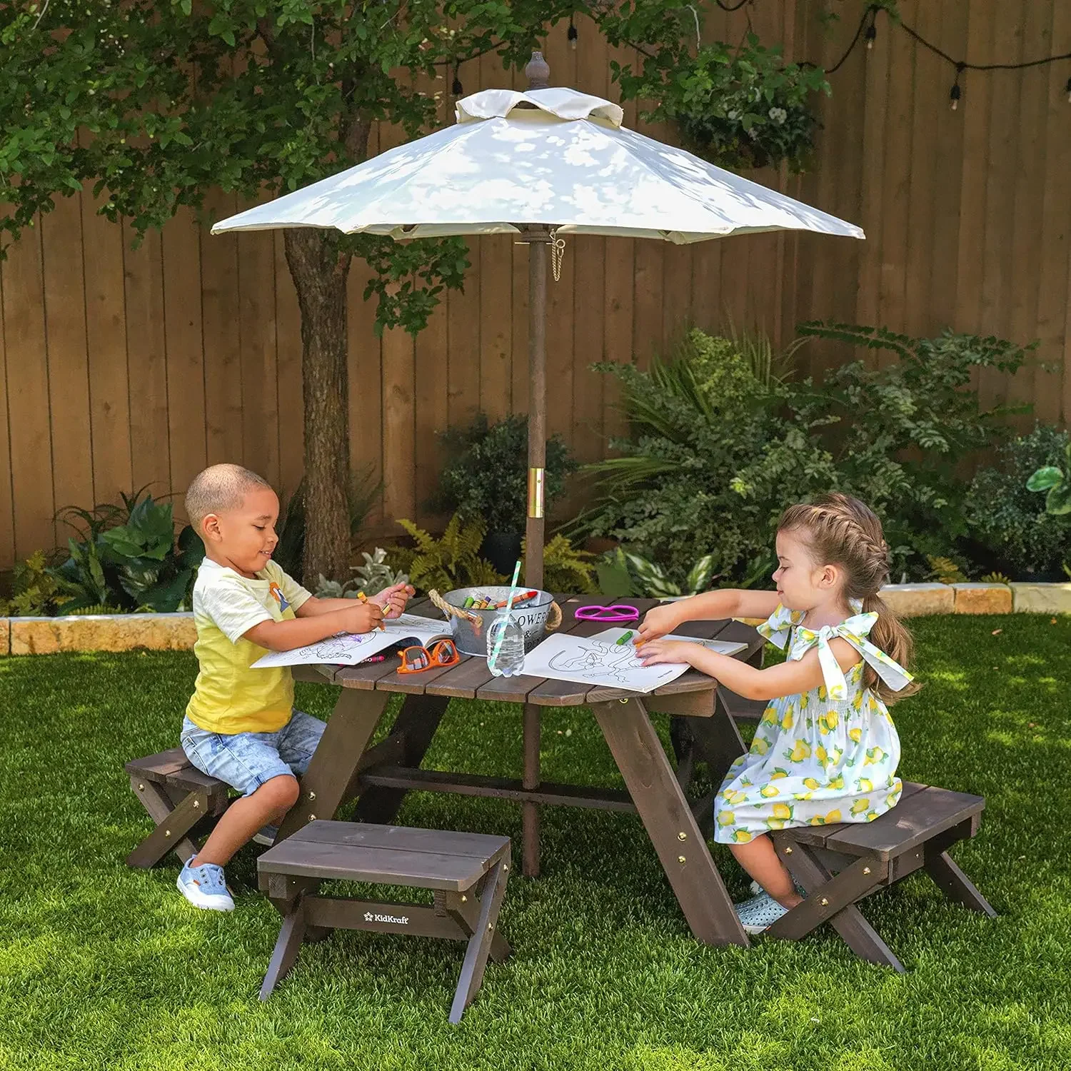 

Wooden Octagon Table, Stools & Umbrella Set, Kids’ Outdoor Furniture, Gift for Ages 3-8