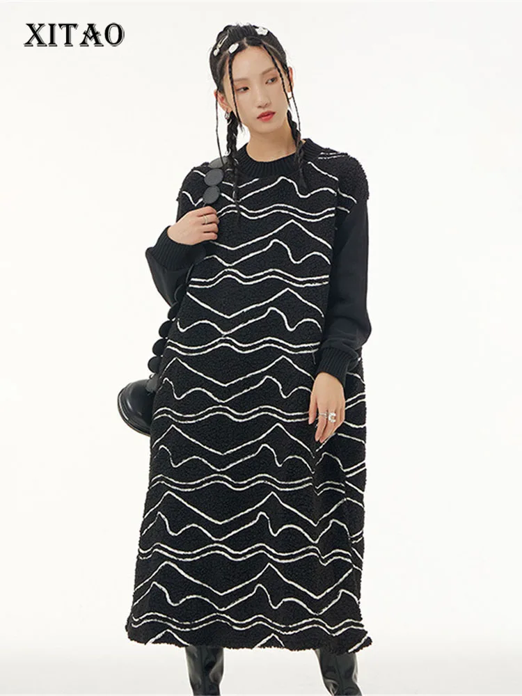 

XITAO Print Pattern Dress Fashion New Embroidery Patchwork Full Sleeve Goddess Fan Casual Style Loose Pullover Dress WLD10081