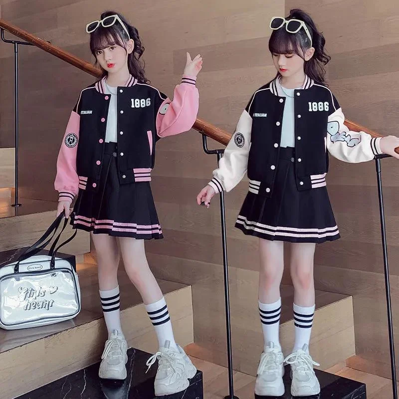 Girls Student Uniform Sets Spring Autumn Kids Baseball Sports Suit Children Jacket Pleated Skirt 2Pcs Fashion Clothing Outfits - 2