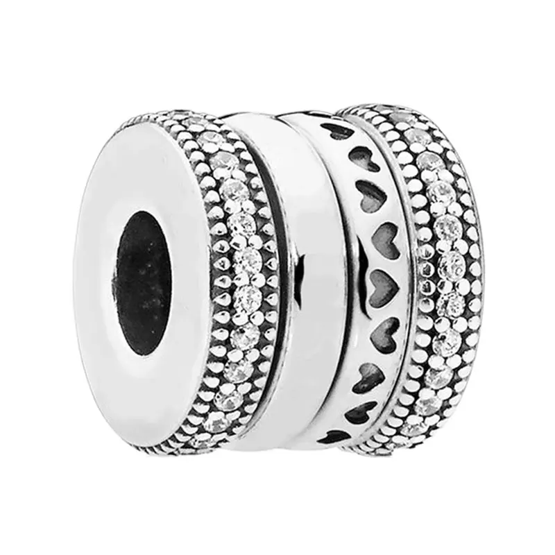 

Spinning LOGO Hearts Lines Tubular Spacer Charms Beads For Women Round Clear CZ 925 Sterling Silver Jewelry Making DIY Bracelets