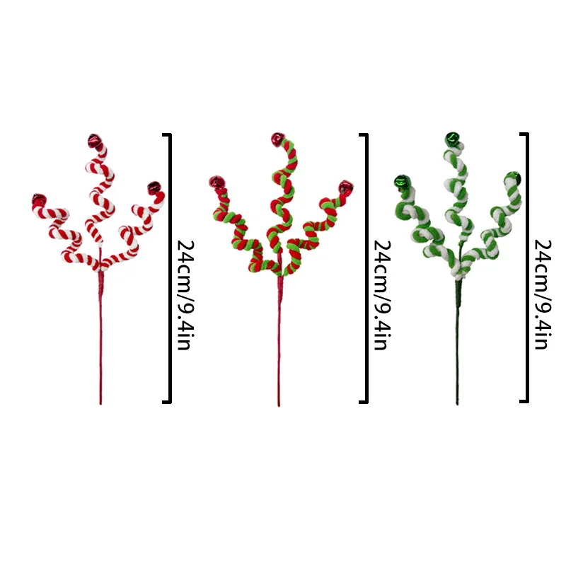 Description Picture 2 of item1pc Red Christmas Tree Candy Cane Branch Wool Candy Curly Picks Bell Christmas Tree Decorations Home Office Vase Party Ornaments