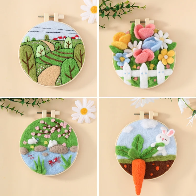 No Finish Flower Animal Cartoon Painting Funny Wool Needle Felt Kit Handmade Wool Needle Painting Kids Children DIY Gift
