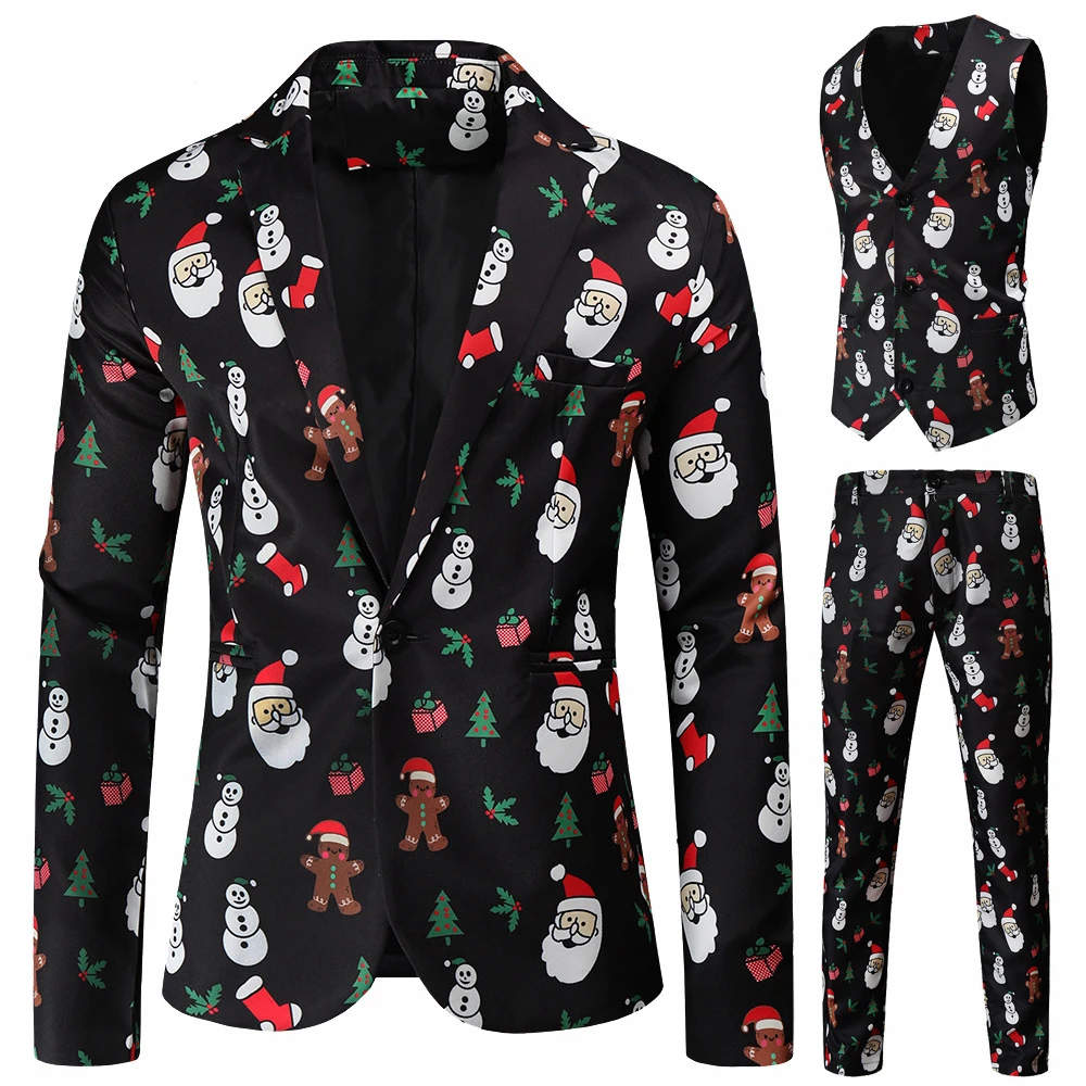 thumbnail image 1 of Trajes navideños para hombre, traje de 3 piezas de corte regular, estampado de copos de nieve, muñeco de nieve, chaqueta, pantalones, chalecos, conjunto de traje para hombre para Navidad, 1 of 5