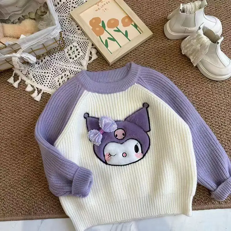 

Cute Sanrio Children's Knit Sweater Kuromi Accessories Kawaii Cartoon Anime Outerwear Sweater Autumn and Winter Toys Girls Gift