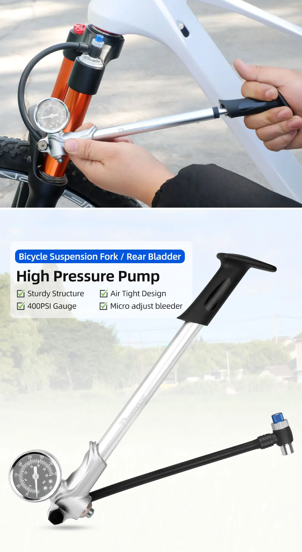 Description Picture 2 of item400psi High Pressure Air pump with Gauge for Front Fork Shock Absorber MTB Bicycle Presta Schrader Valve Inflator Rotatable Hose