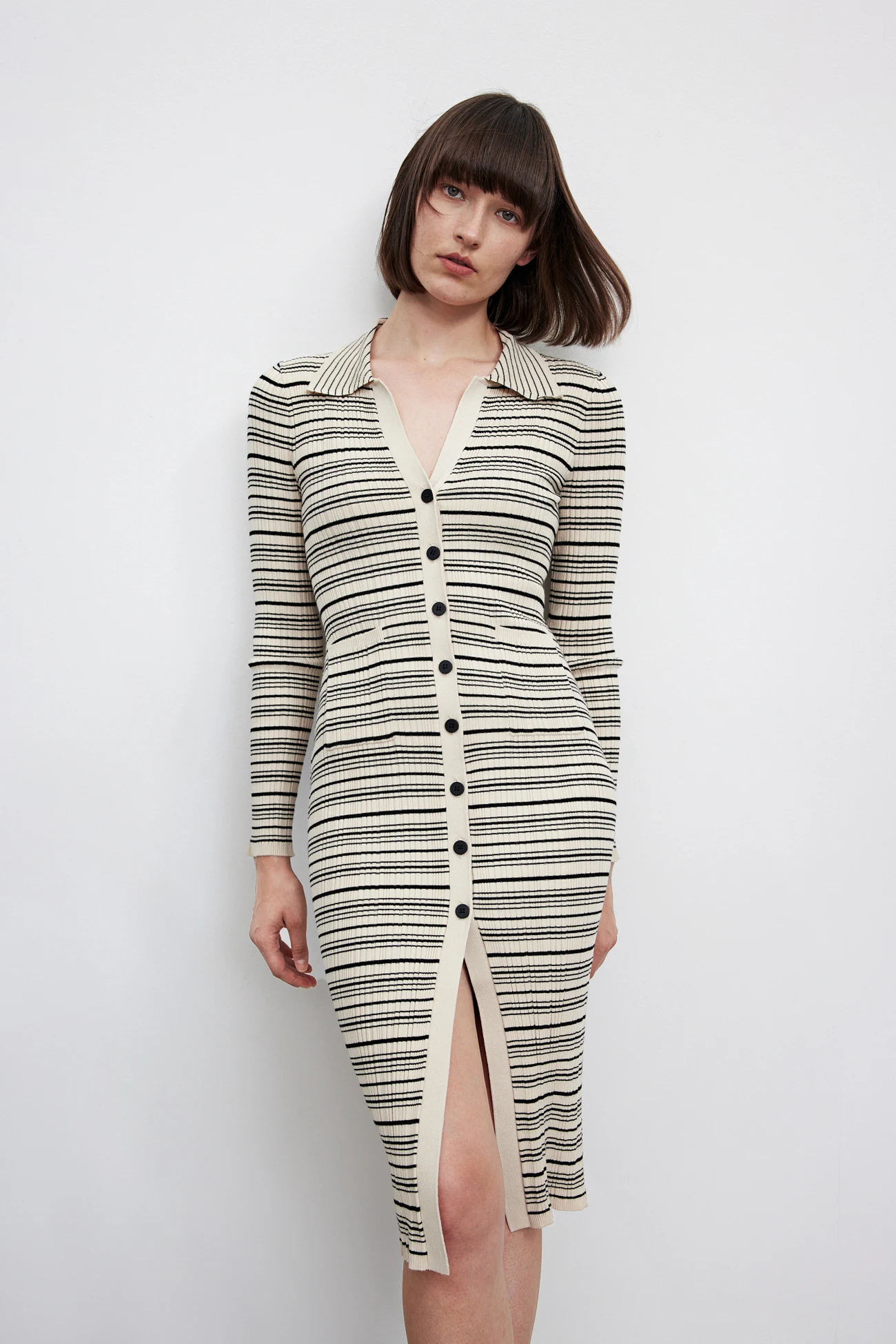 Button-Up Dress  Women’s  Autumn French Look Style slim fit long sleeve knee-length with Striped turn-down collar Lapel womens ribbed cotton v-neck Dresses for Woman in beige black stripe