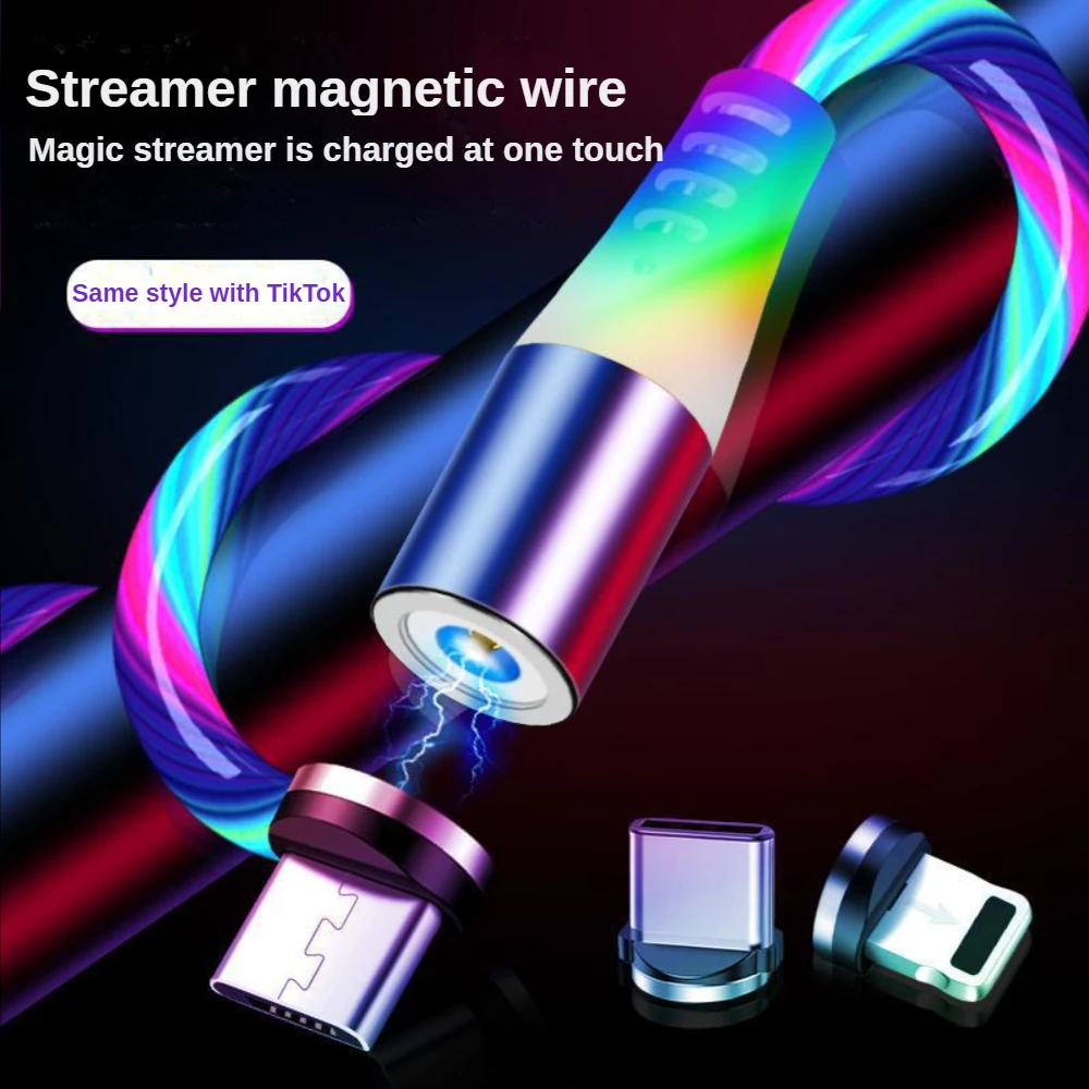 

Magnetic Current Luminous Lighting Charging Mobile Phone Cable 3 In1 Cable LED Micro USB Type C for iphone Huawei xiaomi