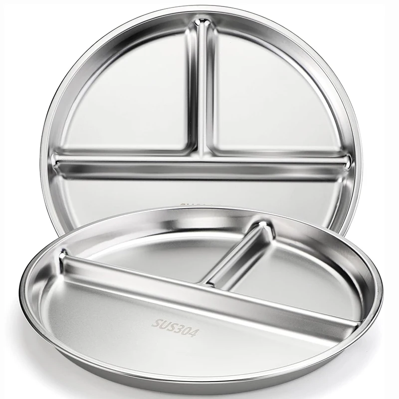 1/2/4Pcs 304 Stainless Steel Divided Plates, 3 Compartment Round Plate for Adults Toddlers Lunch Diet Dinner Camping Food Tray