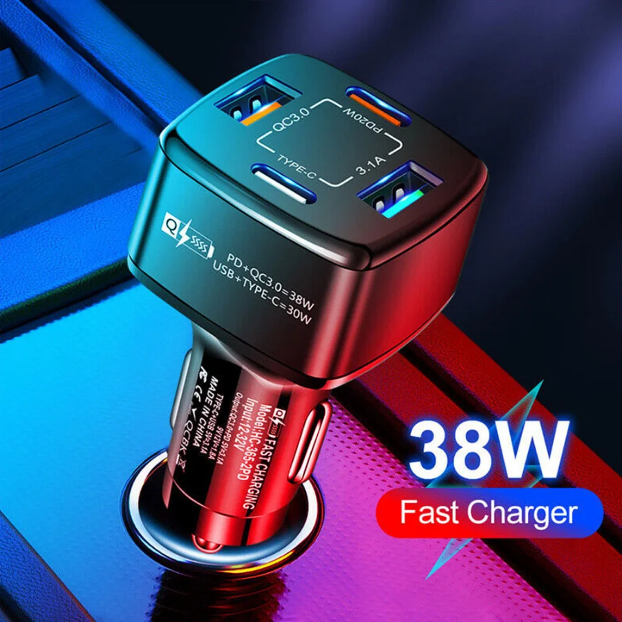 

QC3.0 Fast Car Charger 3.1A 4 Ports Cigarette Lighter PD20W Type-C USB Car Charger For Mobile Cell Phone Quick Charging