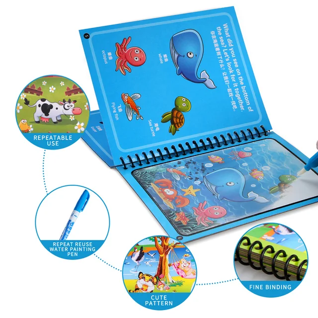 Children Magic Water Drawing Book Reusable Coloring Book Kids Magic Graffiti Painting Board Montessori Baby Early Education Toys 2