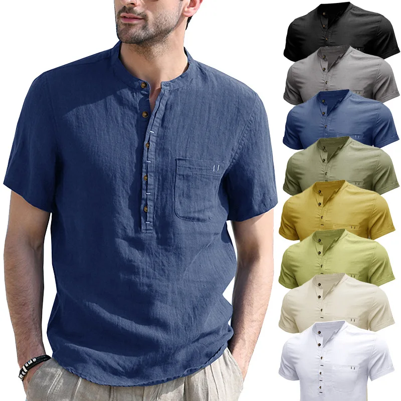 

Summer Men's Short-sleeved ShirtCotton Linen Shirt Henry Collar Solid Color Pocket Short Sleeve Top US SIZE