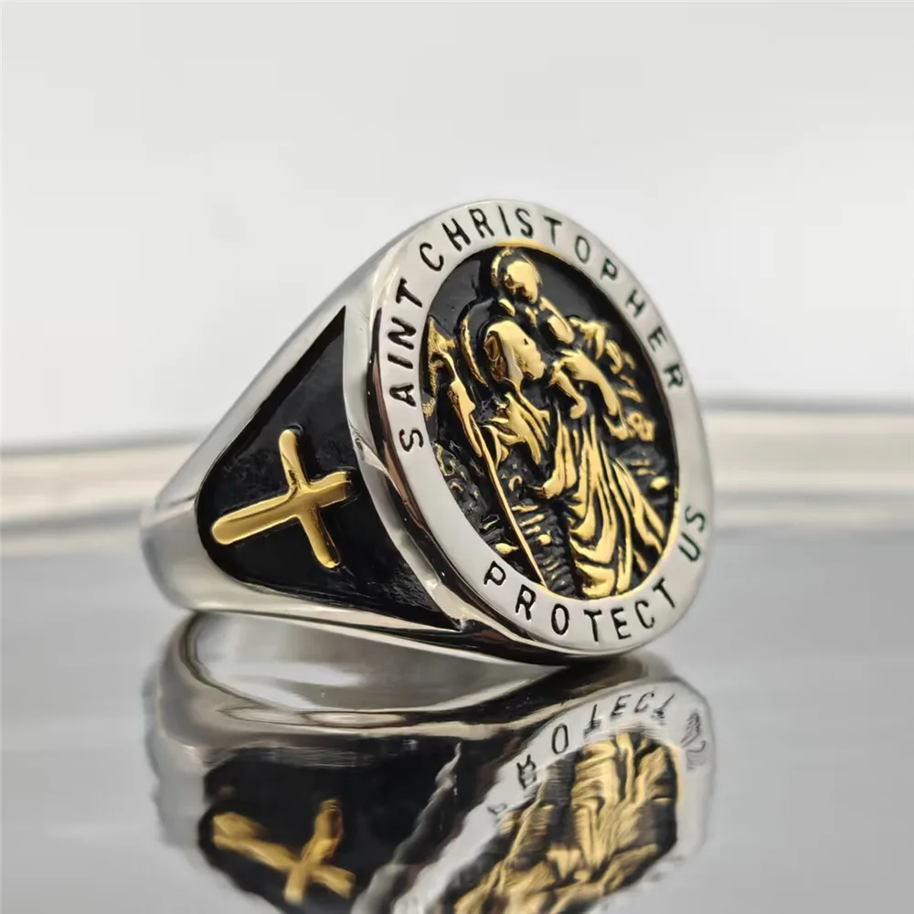 Jewelry Gold St Christopher Ring Golden Cross Solid Ring 316L