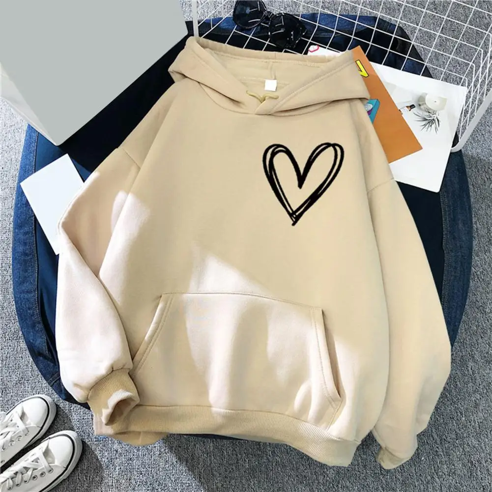 

Comfortable Women Hooded Tops Heart Print Pullover Sweatshirt Cozy Hooded Stand Collar with Long Sleeve Pocket Women's Winter