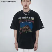 

Men T-shirt Goth Cartoon Print Washed Grey Distress O-neck Cotton Tops Harajuku Streetwear Casual 2022 Summer Oversized T Shirts
