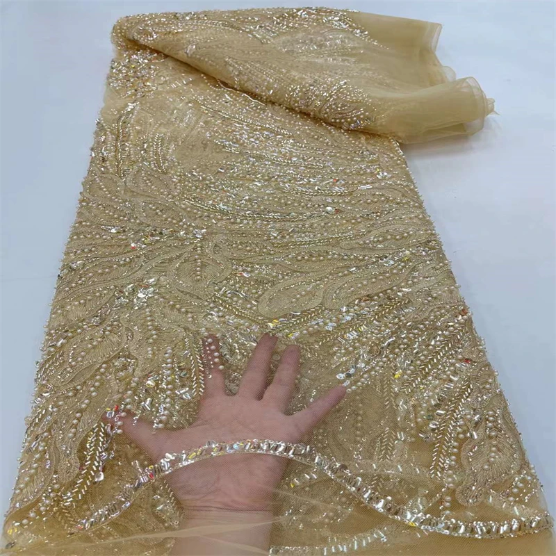 

French Groom Lace Fabric 2022 High Quality African Lace Fabric With Beads Sequins Nigerian Wedding Lace Fabrics For Dress r75-18