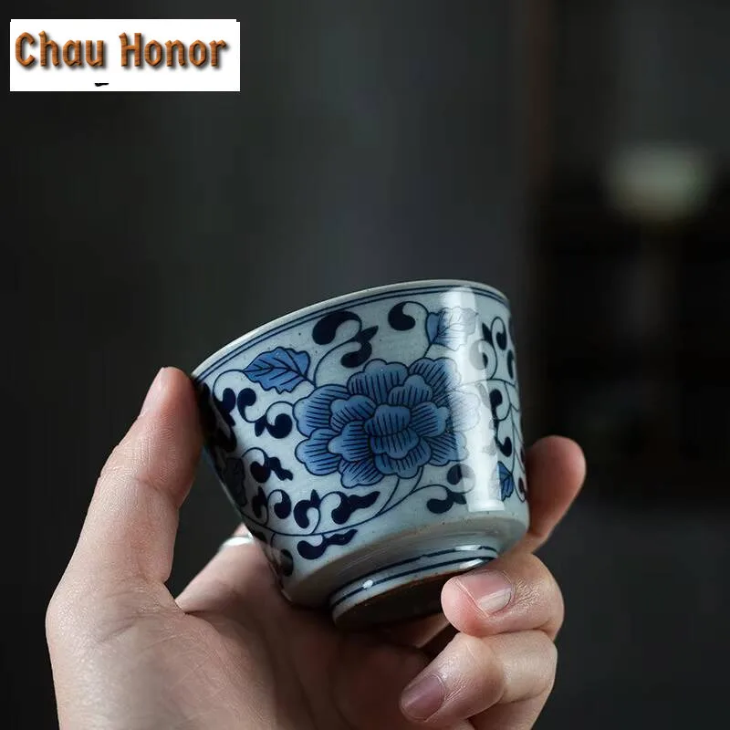 2pcs /set Blue And White Ceramics Small Capacity Tea Cup Handmade Household Master Cup Tea Ceremony Drinkware Accessories 90ml