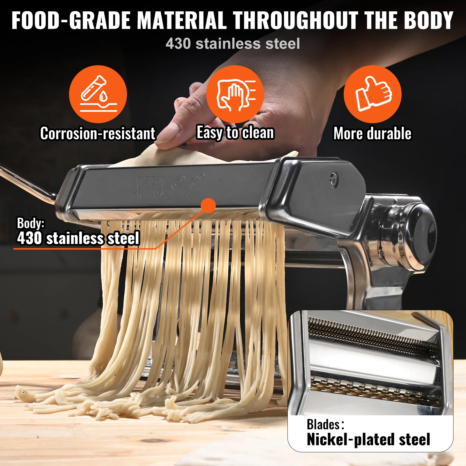 VEVOR Manual Pasta Maker Machine Set Stainless Steel Slicer Fresh Noodle Rollers Cutter Home-Appliance 4