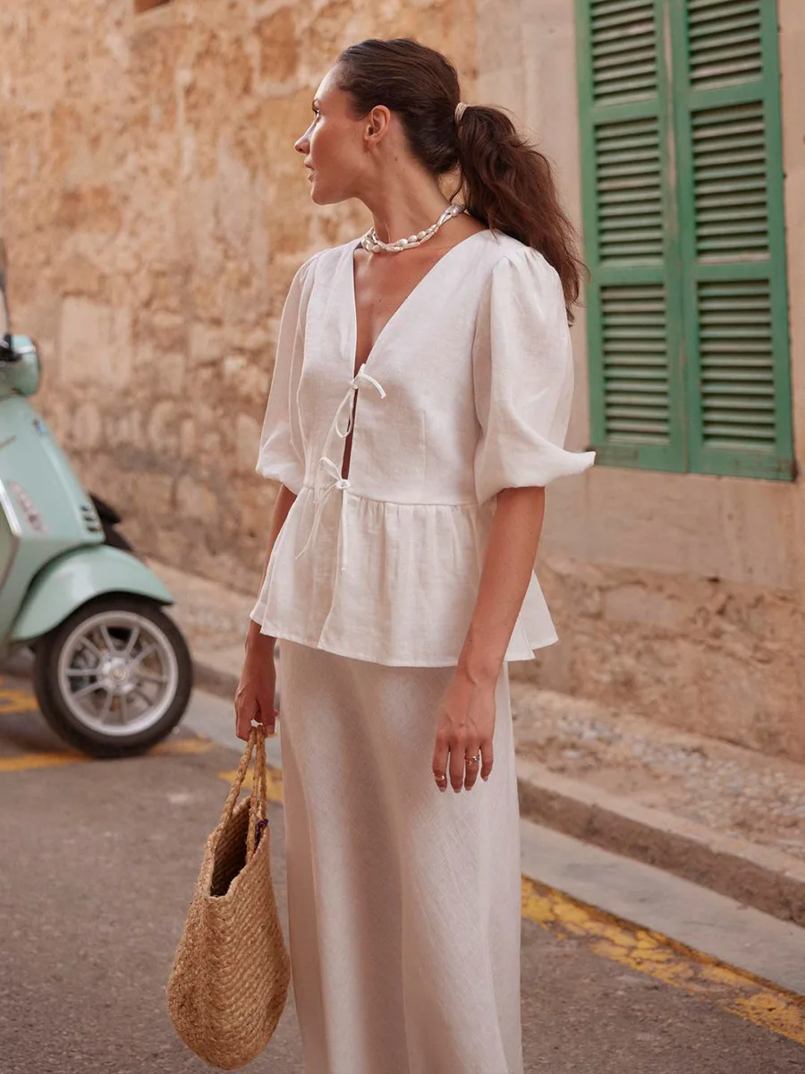 Bornladies 100% Cotton V-neck Lace Up Short Sleeved Skirt Set Summer Women's Bubble Sleeve Shirt Long Skirt Loose Casual Suit