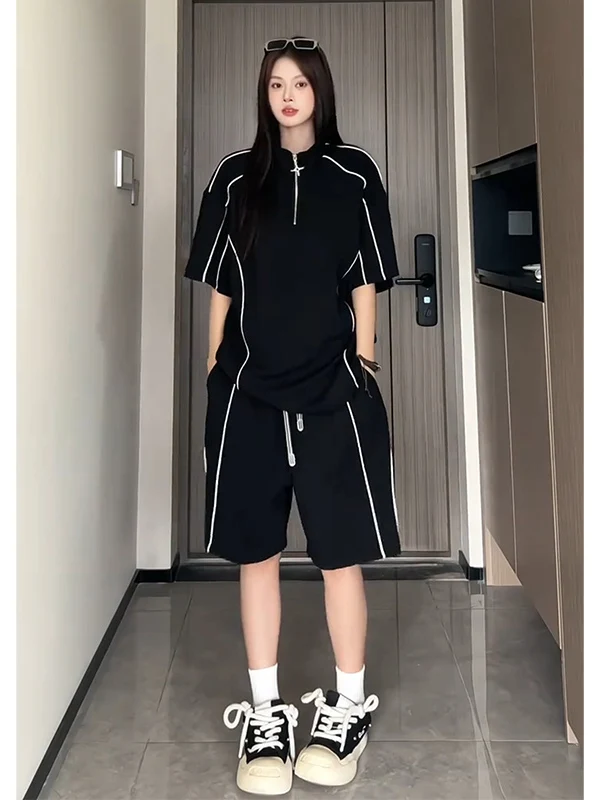 남성용 스트라이프 폴로 셔츠 반바지 세트, 농구 스타일 하프 지퍼 반팔 투피스..