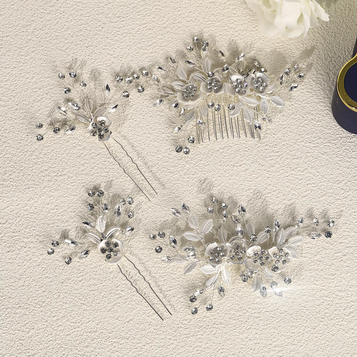 Rose Gold Legierung Blume Zarte Strass Haar Kamm & Pin Set Luxus Party Schmuck Haar Zubehör Porträt Kopfbedeckungen – Detail 14
