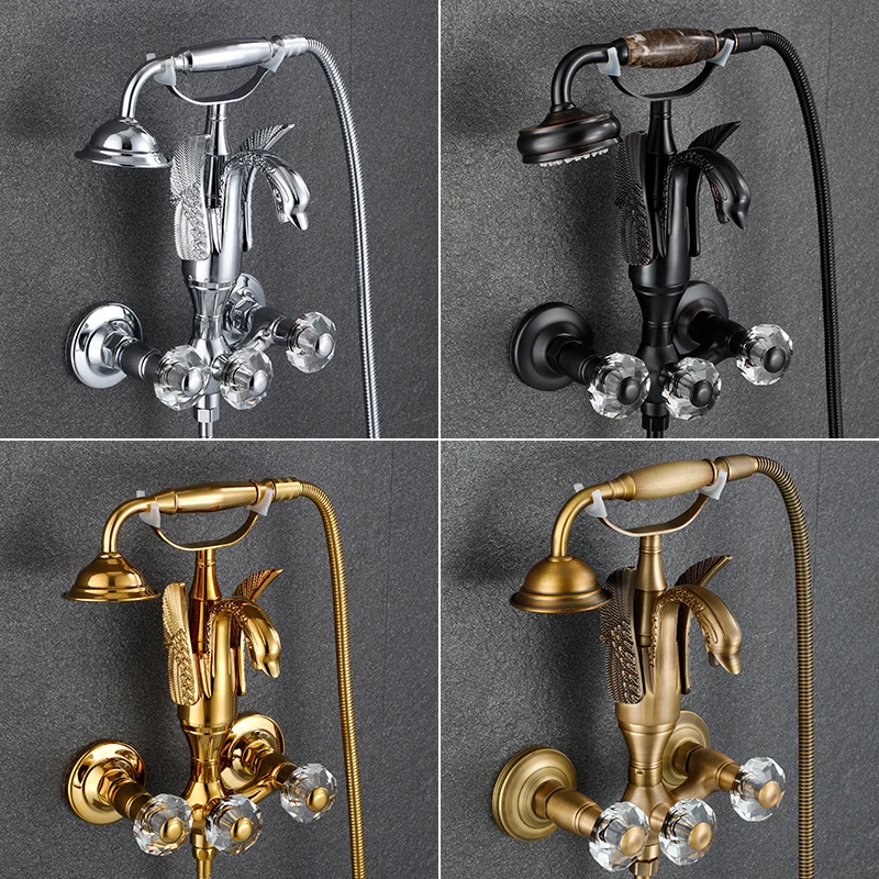 Onyzpily Gold/Antique Brass Washroom Bathtub Faucet Wall Mounted Swan Faucets Dual Handle Control Crystal Grip 2