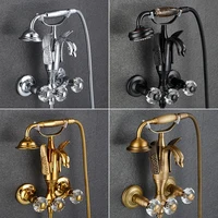Onyzpily Gold/Antique Brass Washroom Bathtub Faucet Wall Mounted Swan Faucets Dual Handle Control Crystal Grip 2