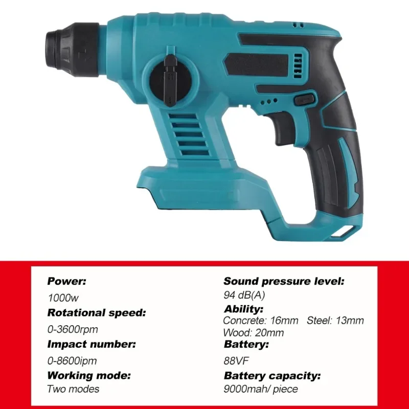 1000W 3600rpm Cordless Electric Rotary Hammer Rechargeable 8600ipm Electric Hammer Drill Power Tools For Makita 18V Battery 2