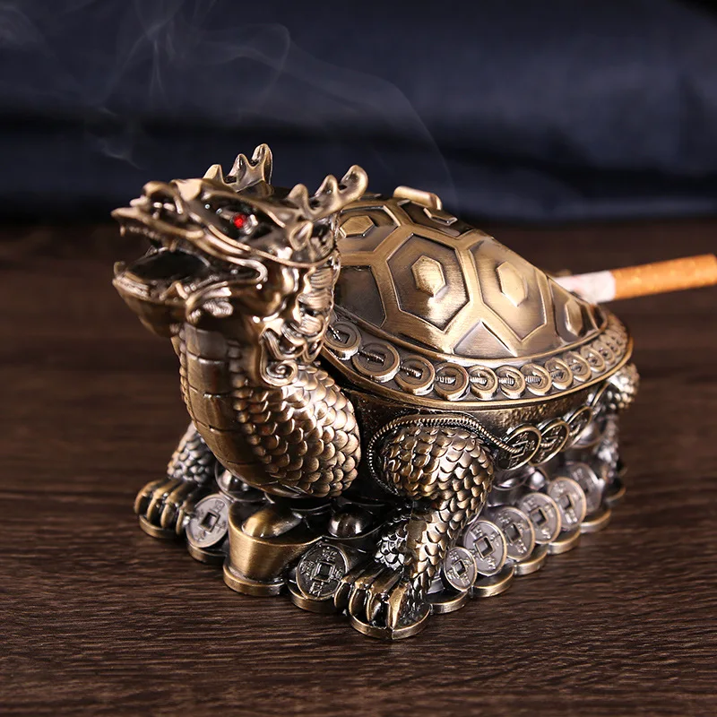 European Retro Dragon Turtle Ashtray Creative Trend Spherical With Cover Metal Ashtray Multi Functional Office Home Decoration 5