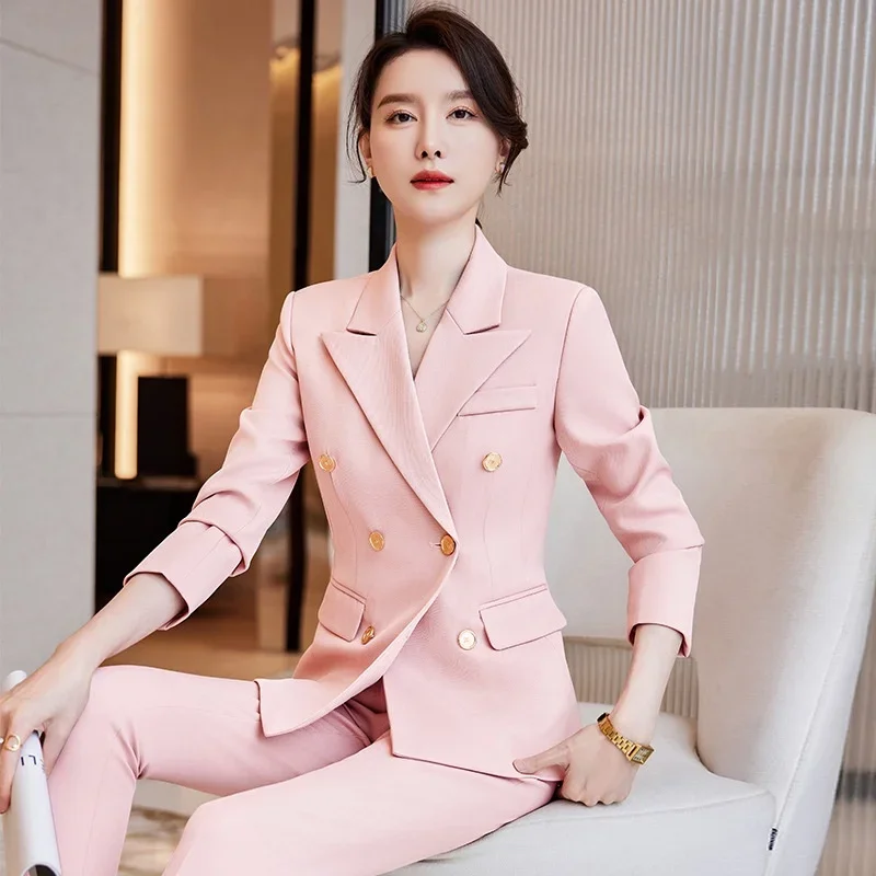 (Suit jacket+pants) Korean high-end women's suit set, large size suit, double breasted suit, office  suit