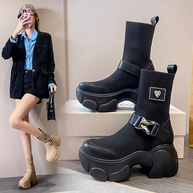 

Women's Casual Ankle Boots Autumn New Korean Style Chunky Heel Elastic Socks Booties with Thick Platform Soles