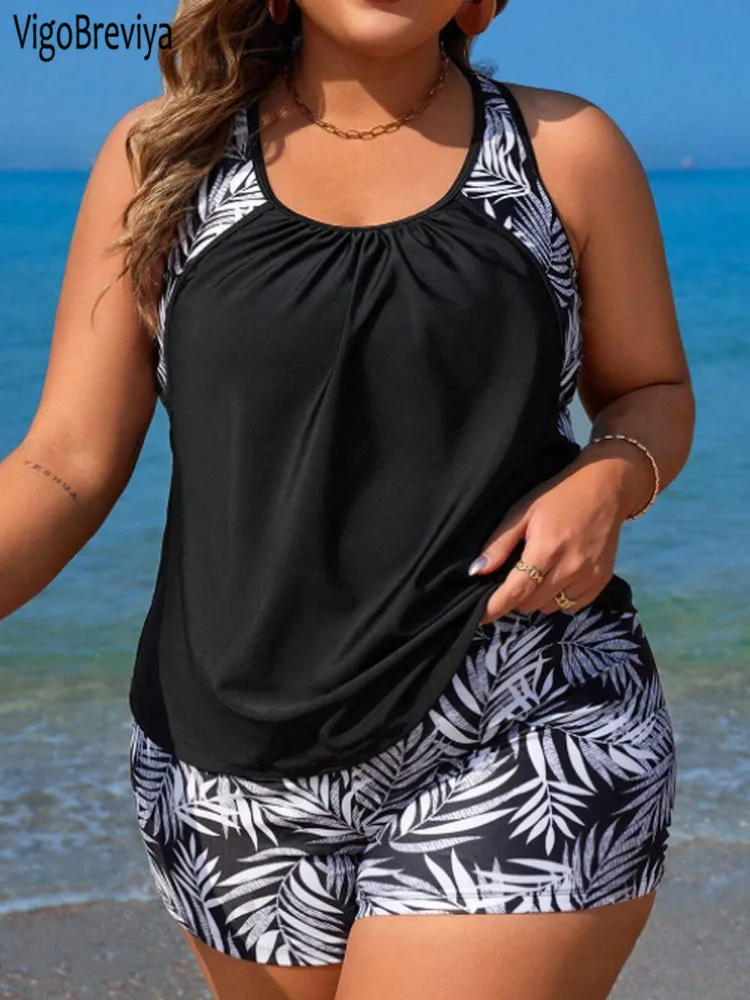 VigoBreviya Print Patchwork Two Piece Plus Size Tankini Set Women Strapped Curvy Swimsuit Lady Brazilian Big Bathing Suit
