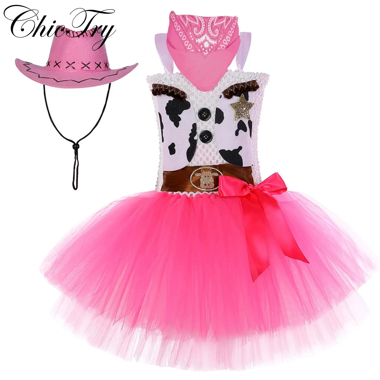 

Kids Girls Halloween Cowgirl Costume Sleeveless Cow Print Cosplay Tutu Dress with Hat Set Carnival Party Dress Up Performance