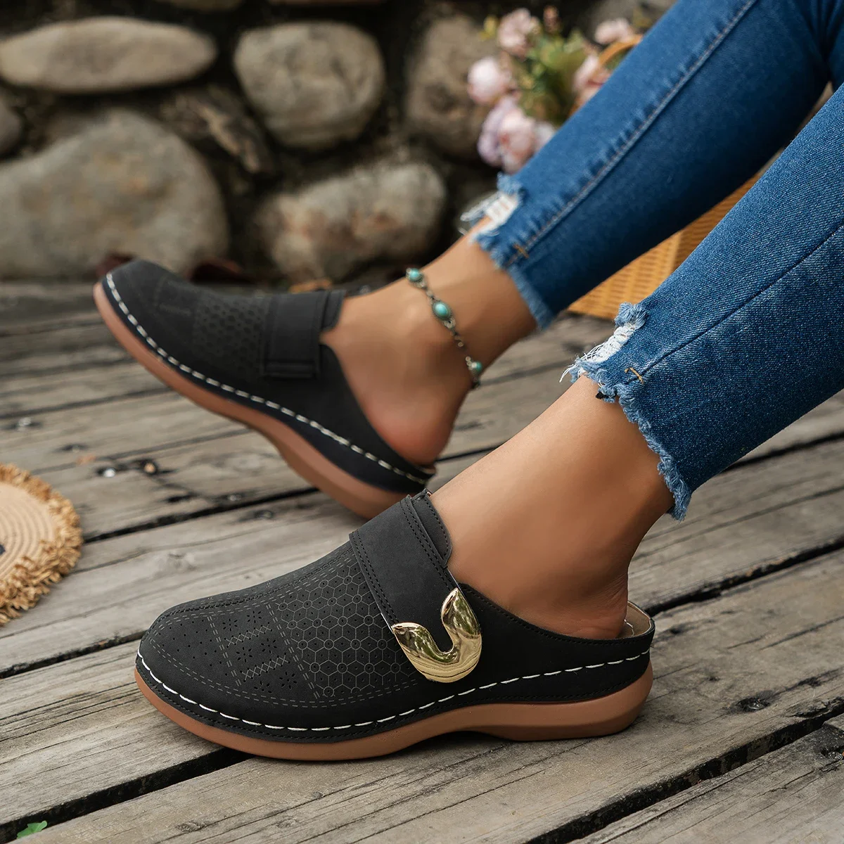 Women Slippers 2024 New Summer Fashion Open Toe Shallow Sandals Flats Shoes Low Heels Slippers Slides Women Zapatos De Mujer - 5